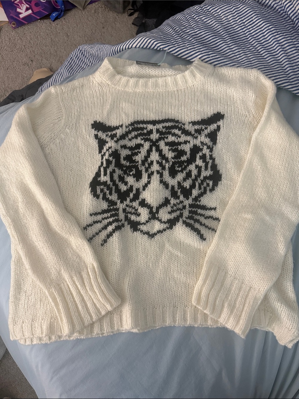 Wooden Ships Cream Sweater with Black Tiger Intarsia